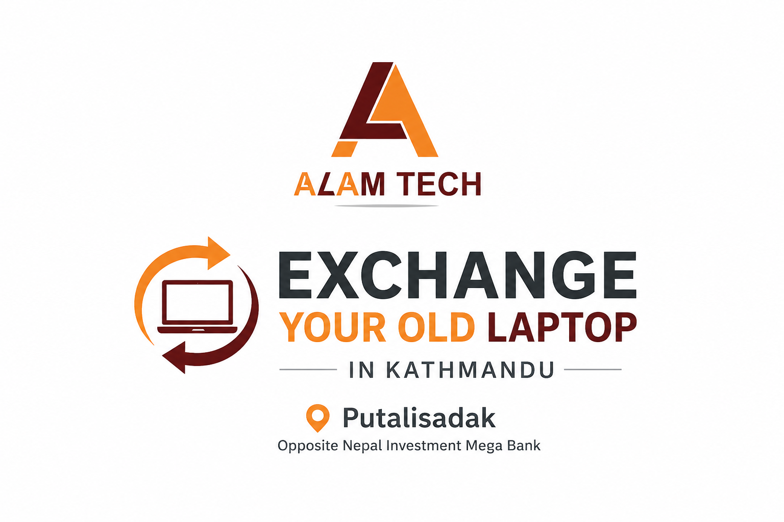 Minimalist illustration promoting Alam Tech's laptop exchange service in Putalisadak, Kathmandu.