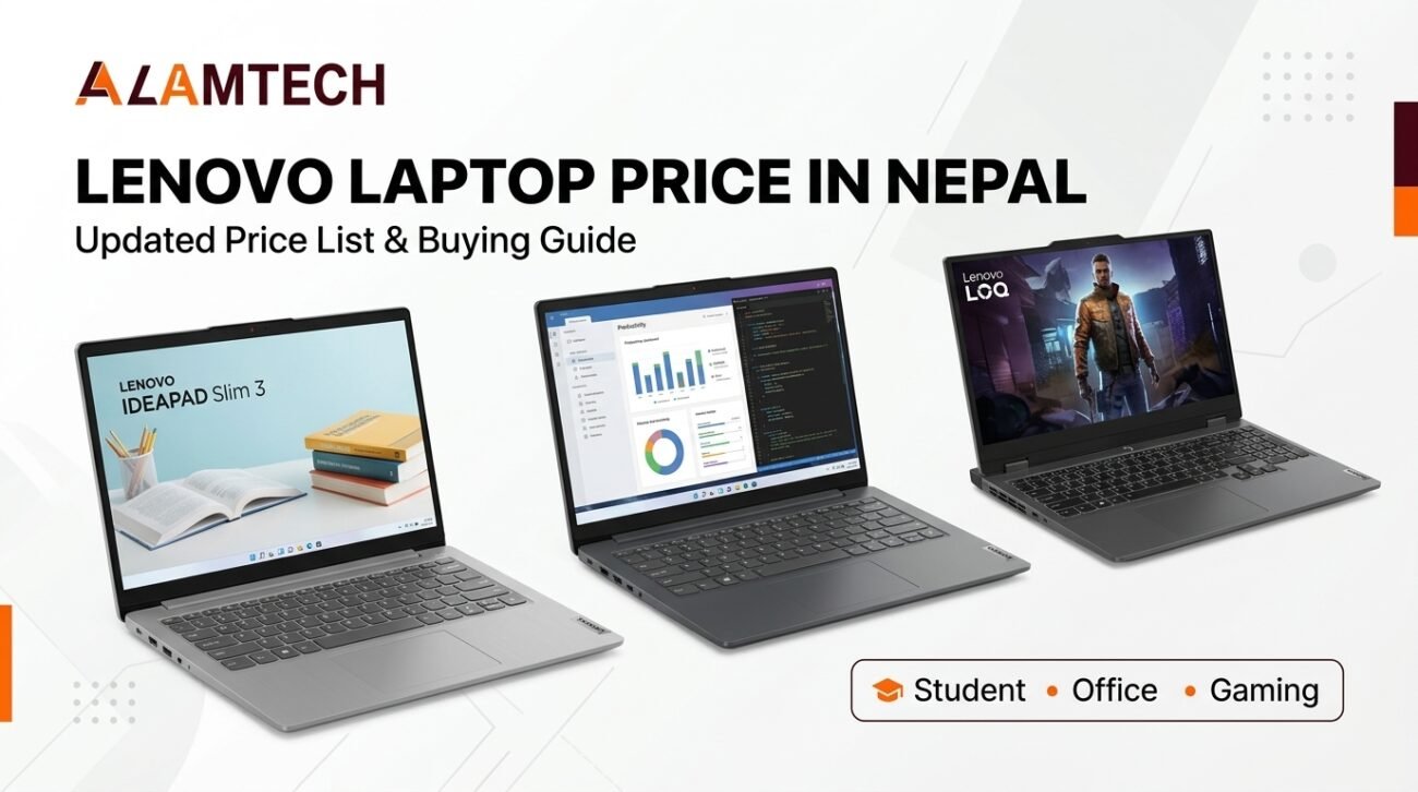 Lenovo laptop price in Nepal featuring IdeaPad Slim 3 and Lenovo LOQ models available at AlamTech