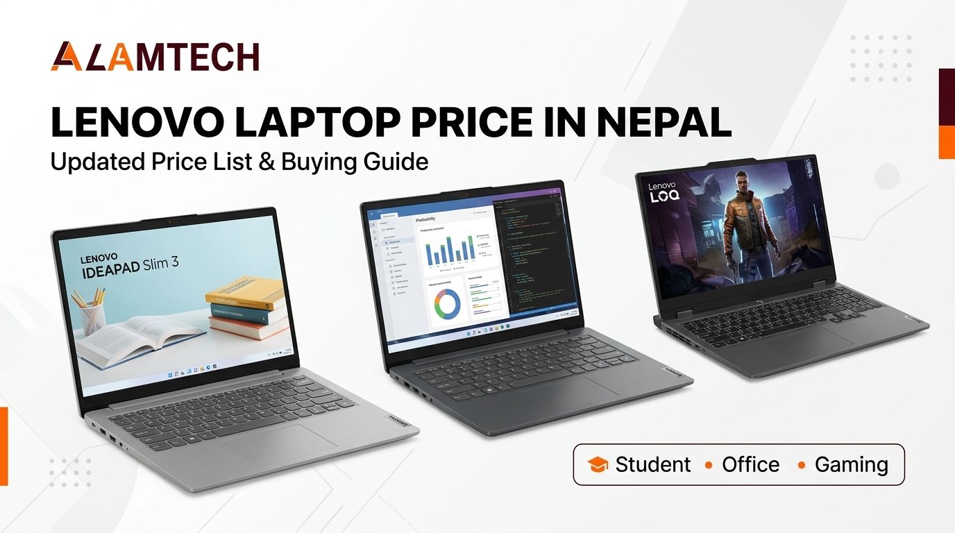 Lenovo laptop price in Nepal featuring IdeaPad Slim 3 and Lenovo LOQ models available at AlamTech