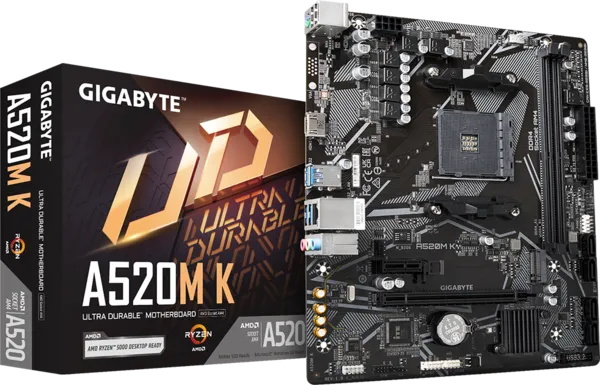 GIGABYTE A520M K AMD B550 Ultra Durable Motherboard with Digital VRM Solution, PCIe 4.0 x16 Slot, Dual PCIe 4.0/3.0 M.2 Connectors, GbE LAN, Smart Fan 5 with FAN STOP