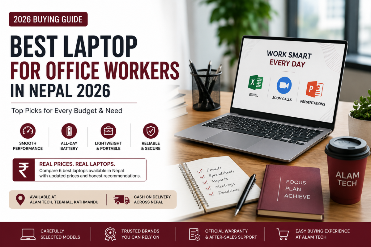 Best laptop for office workers in Nepal 2026 — comparison of ASUS VivoBook, Acer Aspire Lite, and Dell laptops for Excel, meetings, and daily office tasks