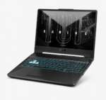 ASUS TUF Gaming A15 laptop open showing backlit keyboard and 15.6 inch display