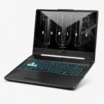 ASUS TUF Gaming A15 laptop open showing backlit keyboard and 15.6 inch display