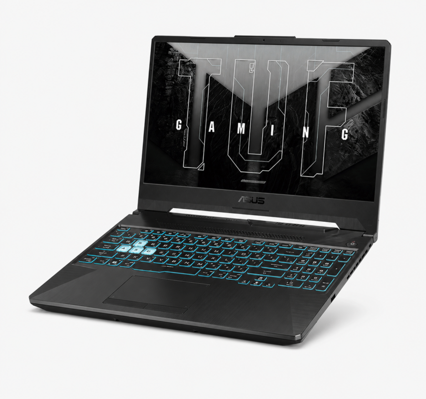 ASUS TUF Gaming A15 laptop open showing backlit keyboard and 15.6 inch display