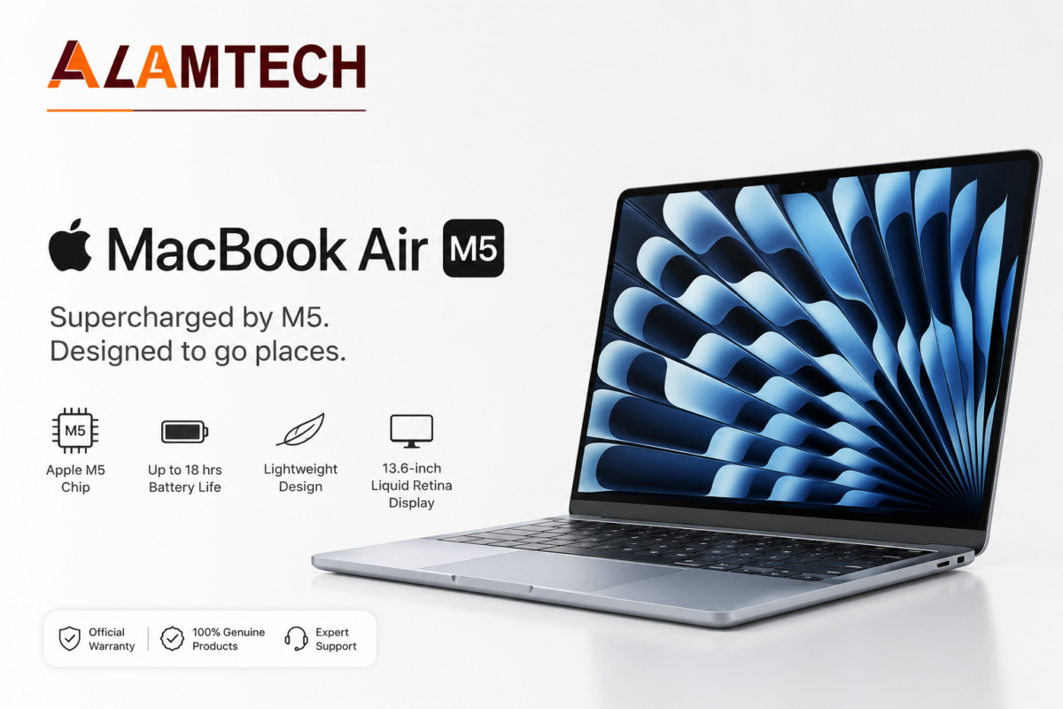 Apple MacBook Air M5 laptop promotional banner highlighting 18 hours of battery life and a thin-and-light 13.6-inch display profile.