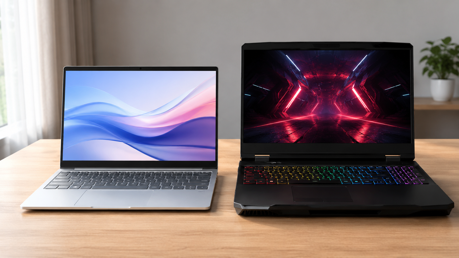 Side by side comparison of a dedicated gaming laptop and a thin light student laptop for college in Nepal