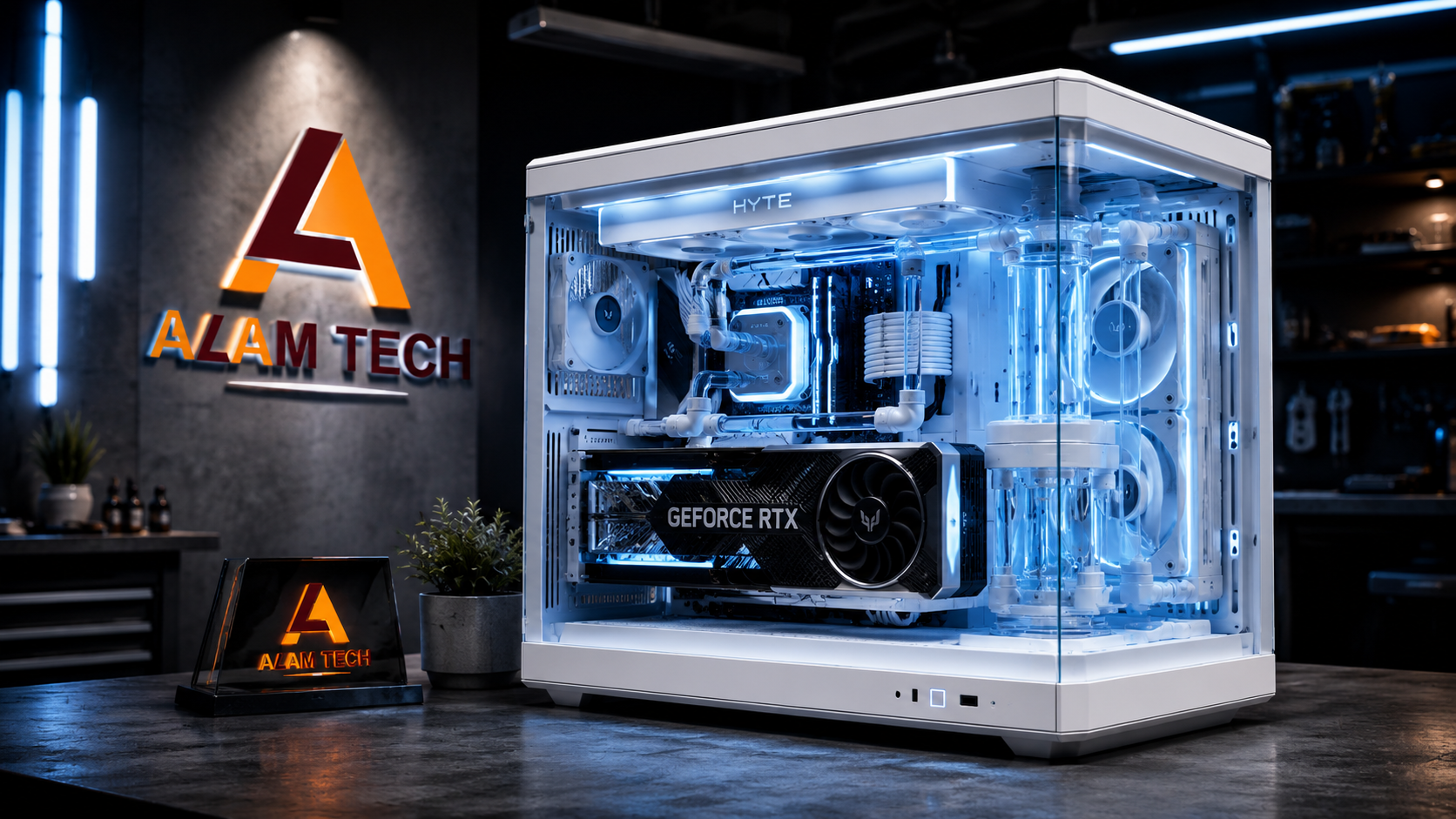 Custom PC builds for every budget at Alam Tech Kathmandu, showcasing a professional panoramic liquid-cooled desktop assembly inside our Newroad workshop.