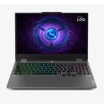 Front angled view of the Lenovo LOQ 15IRX9 gaming laptop open, displaying the 15.6-inch matte screen, slim side bezels, and Luna Grey chassis finish.