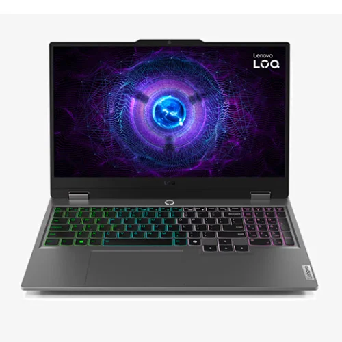 Front angled view of the Lenovo LOQ 15IRX9 gaming laptop open, displaying the 15.6-inch matte screen, slim side bezels, and Luna Grey chassis finish.