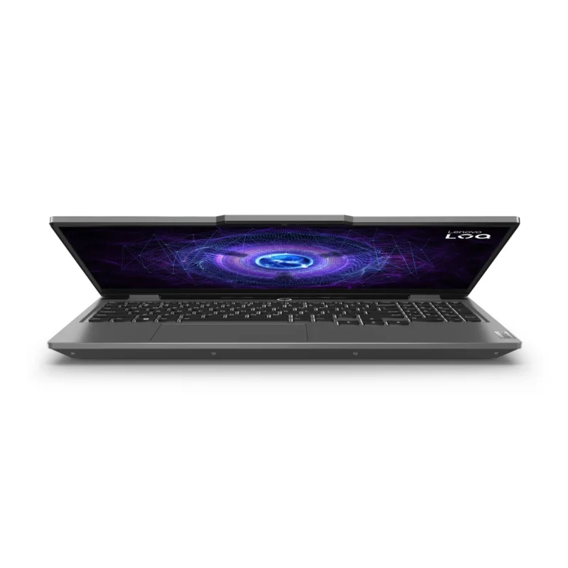 Front view of the open Lenovo LOQ 15IRX9 gaming laptop showing the 15.6-inch matte screen display, thin bezels, down-firing speaker cutouts, and Luna Grey chassis.