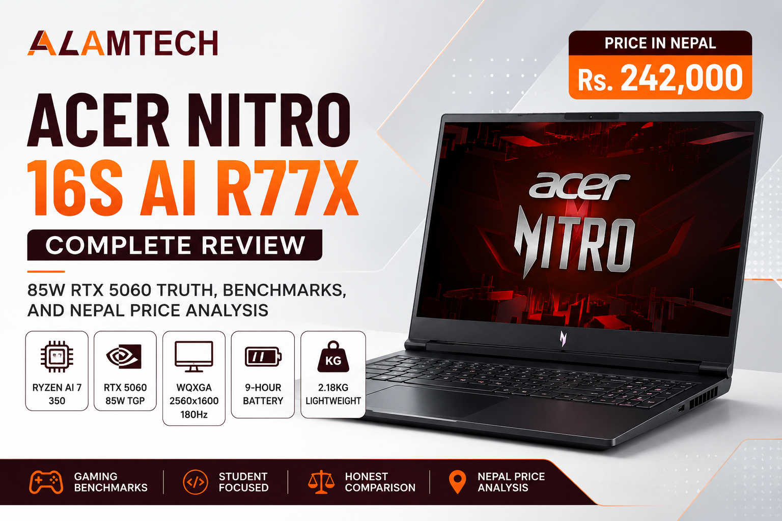 Acer Nitro 16S AI R77X Ryzen AI 7 350 RTX 5060 8GB WQXGA 180Hz Gaming Laptop Price in Nepal at Alam Tech Kathmandu