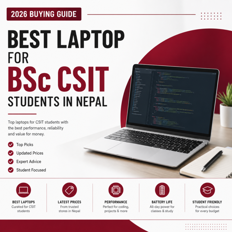 Best laptops for BSc CSIT students in Nepal 2026 featuring Lenovo, Acer, and ASUS laptops for programming, coding, and university studies.