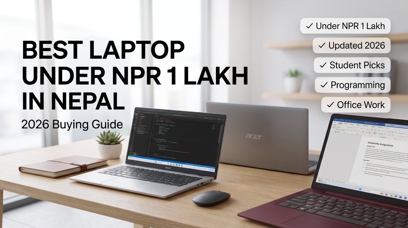 Best laptops under NPR 1 lakh in Nepal 2026 featuring Acer Aspire Lite, Acer Aspire 3 SlimBook, Lenovo IdeaPad Slim, and HP Notebook for students, programming, office work, and everyday use.