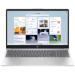 HP Notebook 15-FD2104TU productivity laptop in Natural Silver showing the 15.6-inch anti-glare IPS screen, backlit keyboard with numeric pad, and Intel Core Ultra 5 225U badge layout at Alam Tech Kathmandu.