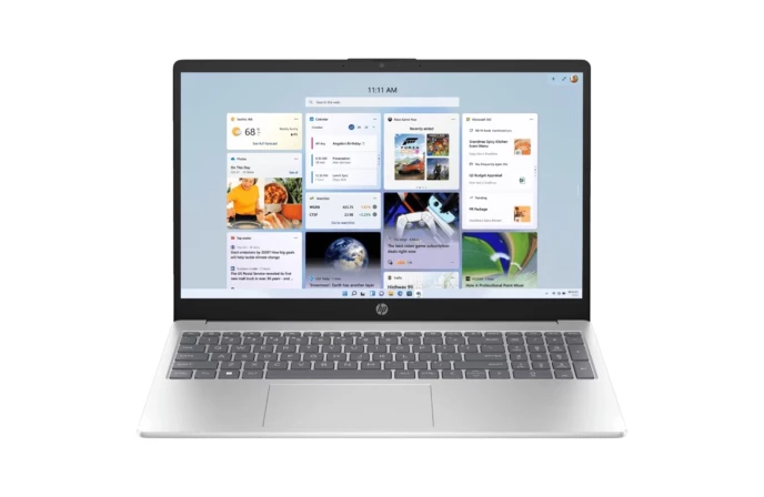 HP Notebook 15-FD2104TU productivity laptop in Natural Silver showing the 15.6-inch anti-glare IPS screen, backlit keyboard with numeric pad, and Intel Core Ultra 5 225U badge layout at Alam Tech Kathmandu.