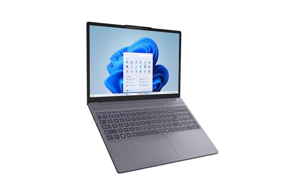 Lenovo IdeaPad Slim 3 15ARP10 laptop in Luna Grey showing the 15.3-inch WUXGA display and keyboard layout.