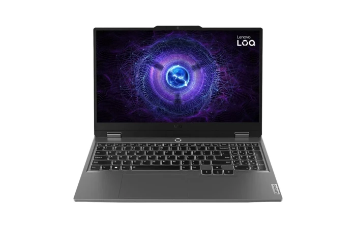 Lenovo LOQ 15 2025 15IRX10 gaming laptop in Luna Grey showing the 100% sRGB display panel, 14th Gen Intel Core i7-14700HX processor, and NVIDIA GeForce RTX 5060 8GB graphics configuration at Alam Tech Kathmandu.