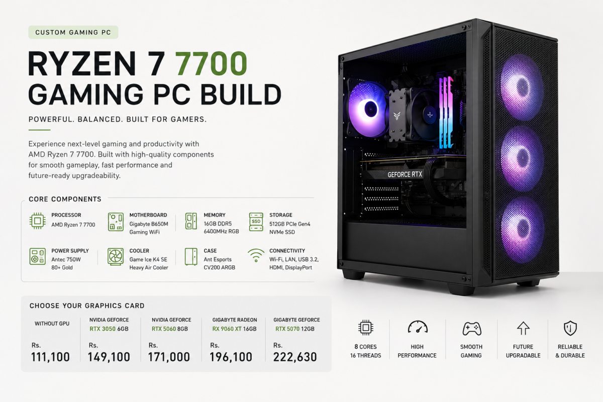 Custom Ryzen 7 7700 Gaming PC with Gigabyte B650M Gaming WiFi motherboard, DDR5 memory, configurable RTX graphics cards and Ant Esports CV200 case, available from Alam Tech in Nepal.