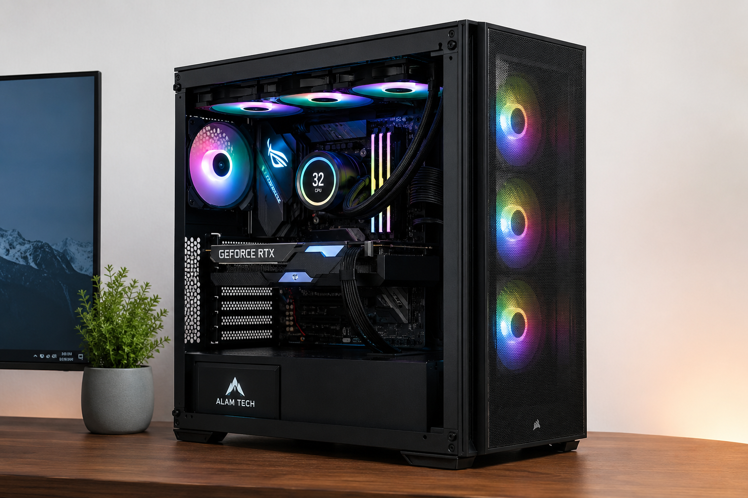 Custom Ryzen 9 9950X3D gaming PC build with RTX graphics, DDR5 memory and liquid cooling on a clean desktop setup by Alam Tech Nepal.
