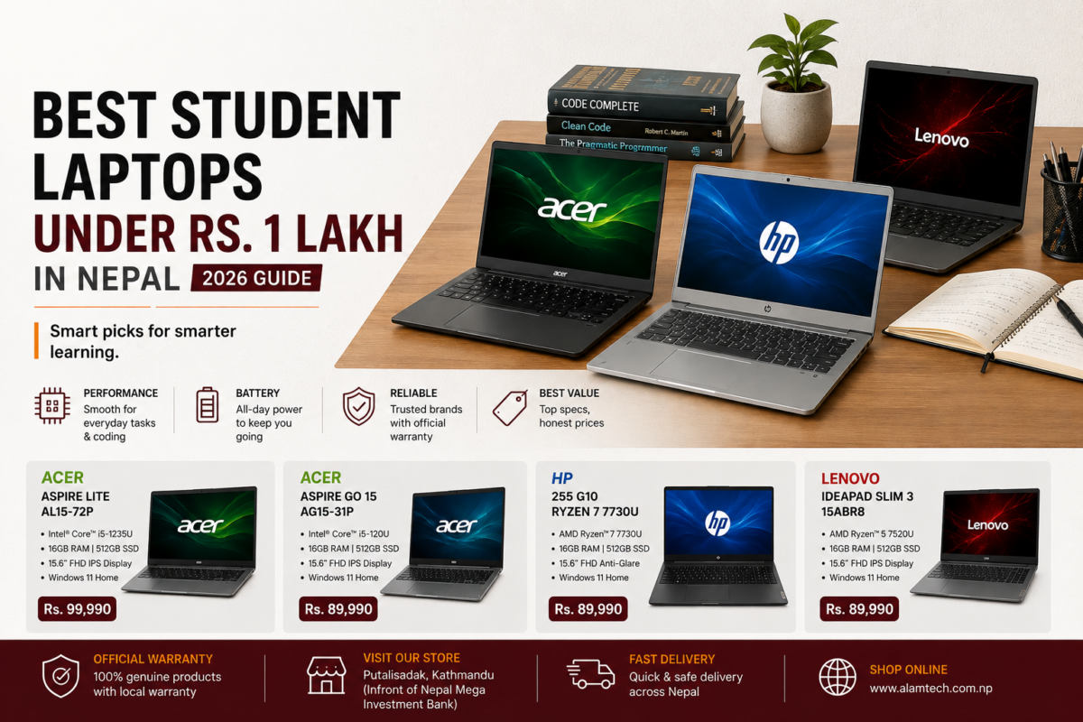 Best student laptops under Rs. 1 lakh in Nepal featuring Acer Aspire Lite, Acer Aspire Go 15, HP 255 G10, and Lenovo IdeaPad Slim 3 available at Alam Tech.