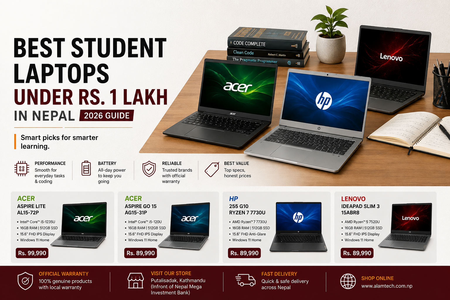 Best student laptops under Rs. 1 lakh in Nepal featuring Acer Aspire Lite, Acer Aspire Go 15, HP 255 G10, and Lenovo IdeaPad Slim 3 available at Alam Tech.
